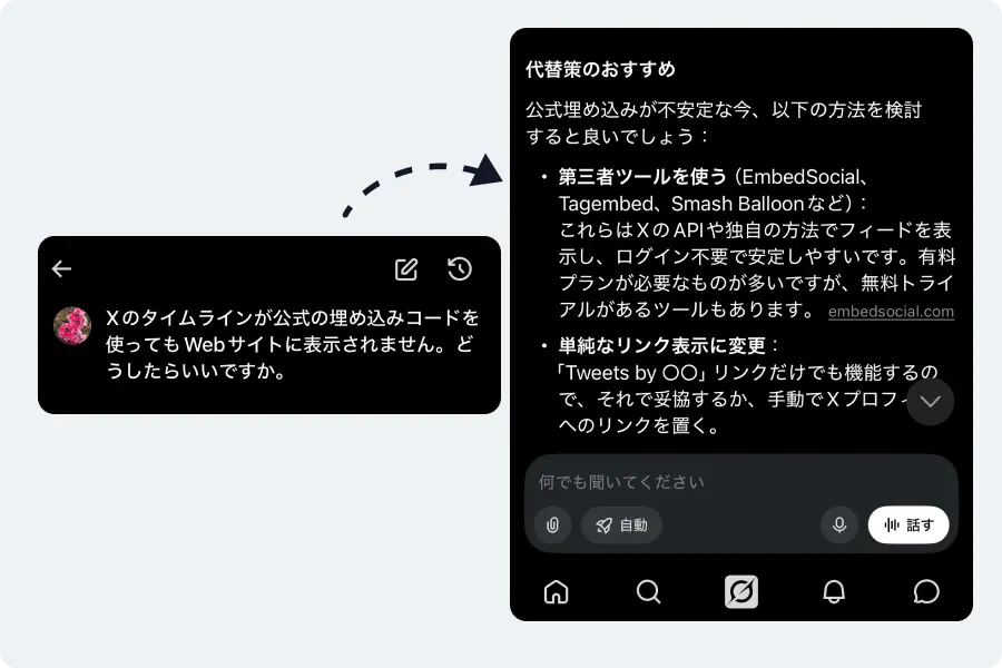 X -GrokのXタイムライン埋め込みに関する回答