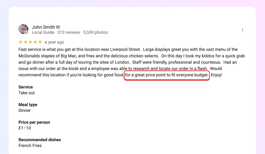 Good restaurant review example for vlalue for money