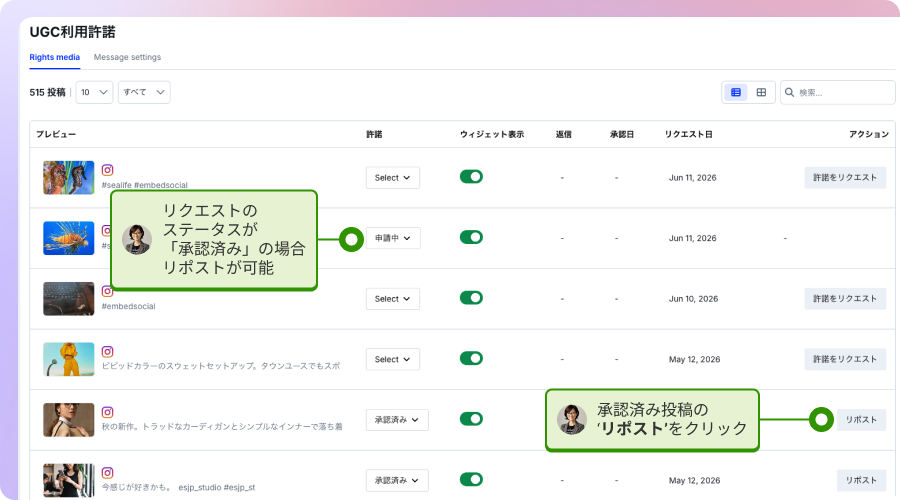EmbedSocial 許諾管理ーリポストボタン
