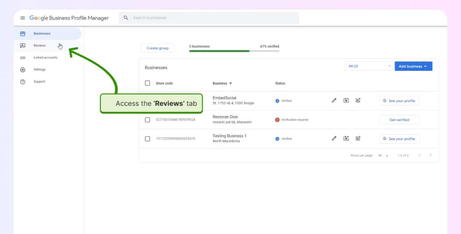 accessing the reviews tab inside google business profile