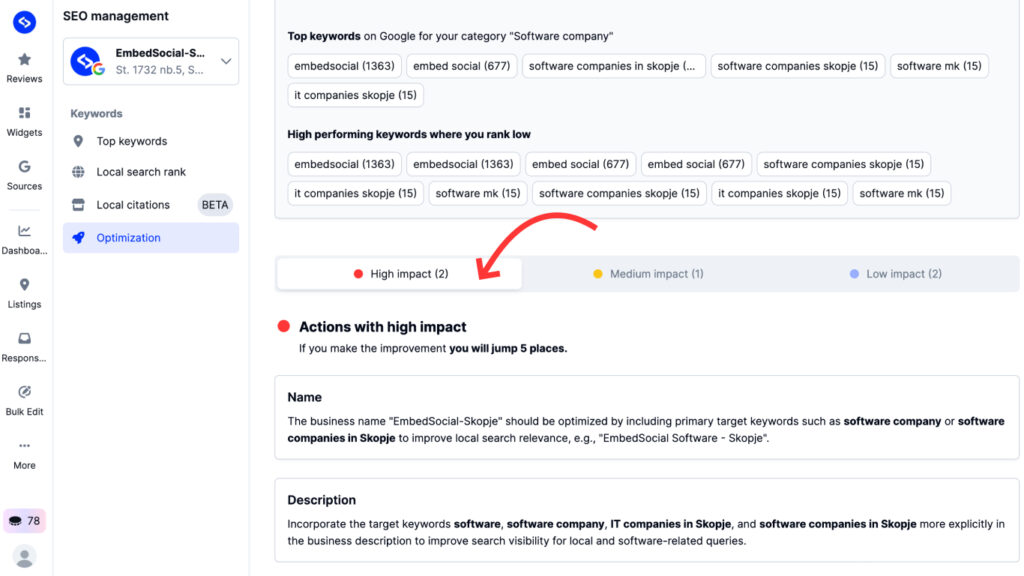 High impact GBP 
changes for better SEO generated with AI optimization report 