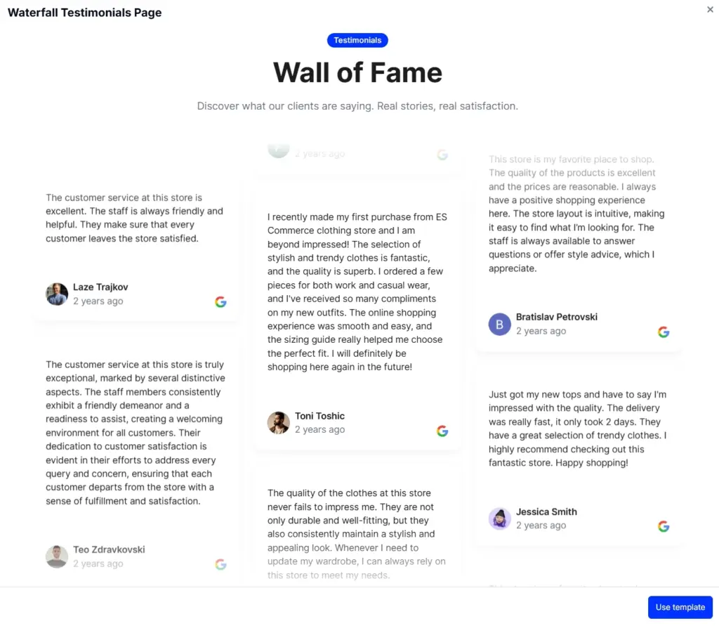 waterfall testimonials page widget