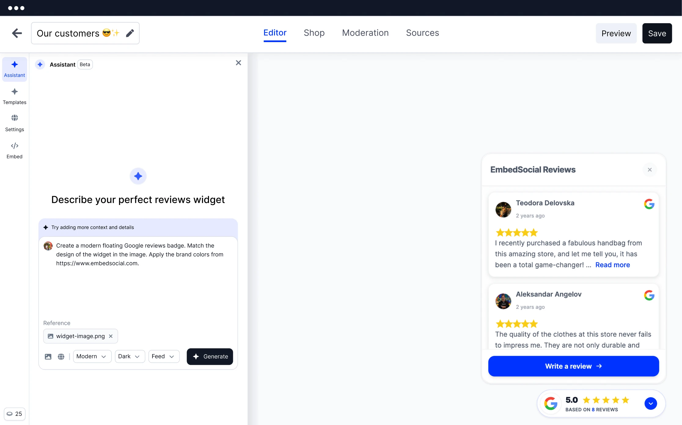 Creating a floating Google reviews badge in the EmbedSocial AIウィジェット editor